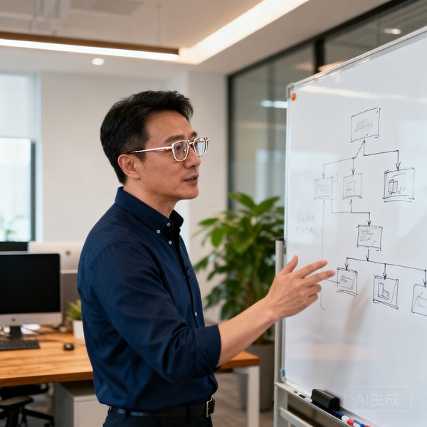 陈一鸣，星空体育CEO兼联合创始人，40岁男性，戴着金属框眼镜，穿着深蓝色衬衫，在办公室白板前讨论产品架构
