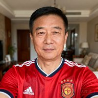 一位40岁左右的中国男性足球迷用户头像，穿着红色足球运动衫，背景为客厅环境