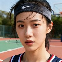 一位25岁左右的中国女性篮球爱好者头像，戴着运动发带，背景为篮球场